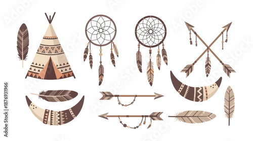 Boho Tribal Teepee and Patterned Crescent Moon Vector Illustration Set