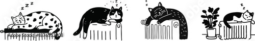 Sleeping cat on warm radiator illustrated in cute hand drawn doodle style with cozy home winter mood