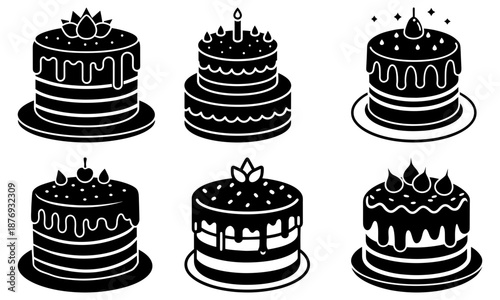 Six Black and White Layered Chocolate Cakes with Various Toppings on White Background layered cake with candle
