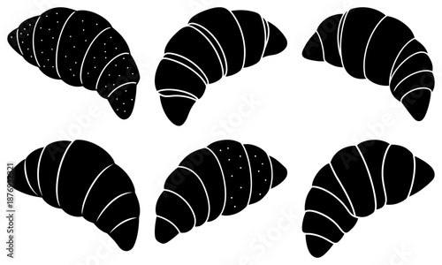 Five Black Croissants with White Lines and Dots on White Background