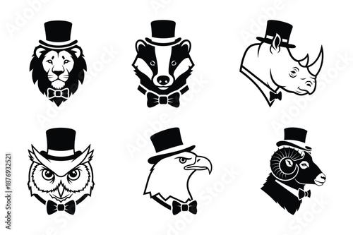 Unique Animal Gentleman Icons with Top Hats and Bow Ties Vector Bundle