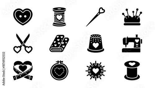 Sewing and crafting heart-shaped icons set
