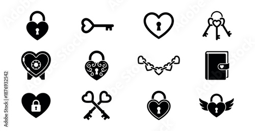 Hearts, Locks, and Keys Icon Set