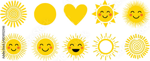 Yellow sun symbols with smiling faces and various smiling sun heart shape white background