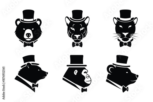 Dapper Bear and Great Ape Gentleman Portraits with Top Hats and Bow Ties