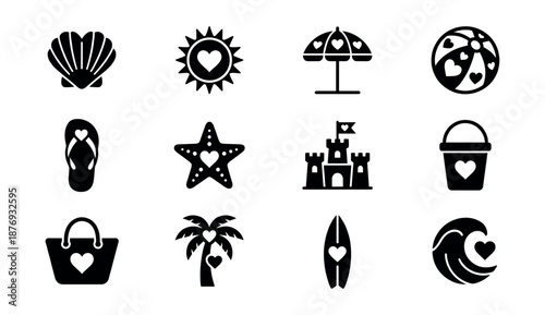 Beach-themed love monochrome icons set