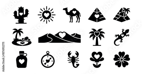 Desert Nature Heart Silhouette Icons Set