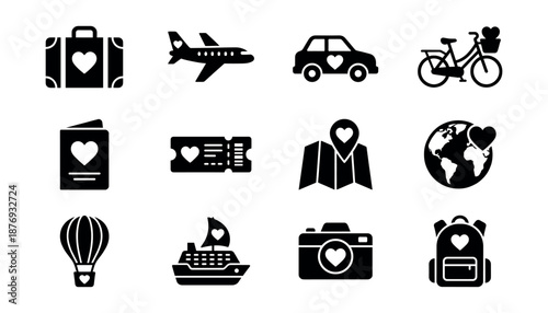 Travel love themed silhouette icons set