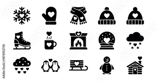Winter-themed black and white icons set