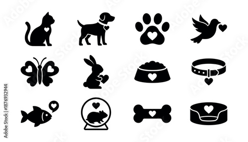 Pet and animal love silhouette icons set