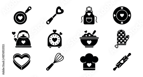 Kitchen-themed heart icons set