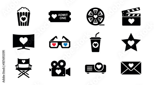 Cinema and entertainment love icons set