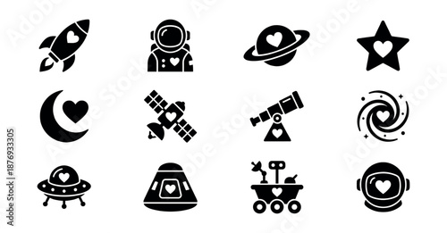 Space-themed icons with heart elements