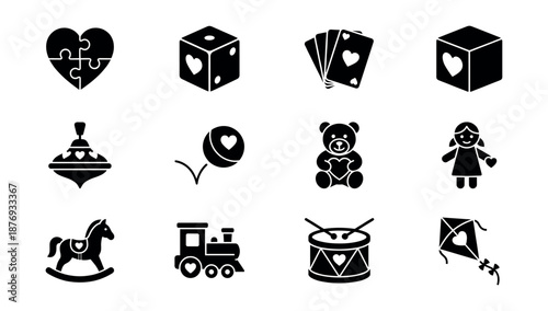 Toy-related black and white icons set