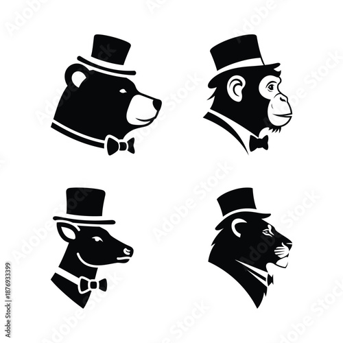 Dapper Animal Profile Portraits in Top Hats and Bow Ties Vector Set