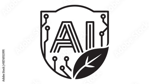 AI technology shield logo with leaf and circuit board, futuristic vector icon