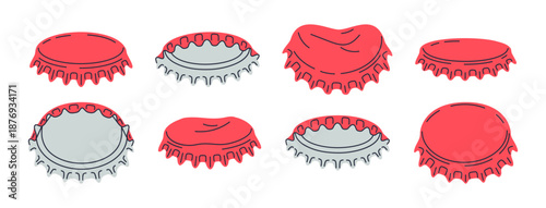 Metallic bottle caps. Beer, soda or lemonade bottle caps, metallic lid for glass containers with refreshing beverages flat vector illustration set. Cartoon glassware metal caps