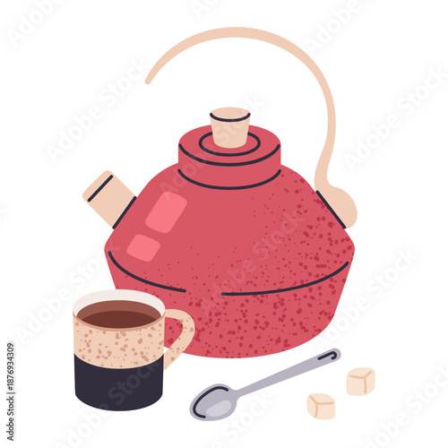 Tea kettle for hot tea beverage. Hand drawn kettle and tea cup, retro style kitchenware flat vector illustration. Vintage kitchen tableware on white