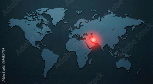 Dark world map illustration with Iran highlighted in red glow, symbolizing geopolitical crisis, conflict, or international tension. Concept image for global news, risk, and security topics.