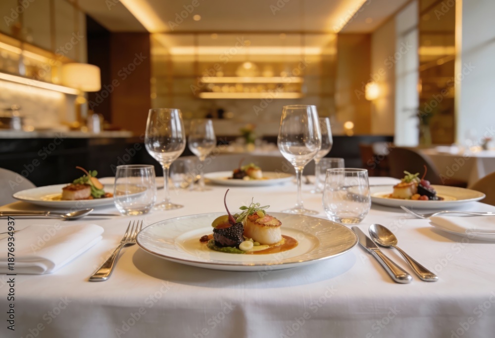 Fototapeta premium Elegant Dining Experience with Gourmet Dishes in Modern Restaurant