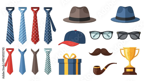 Collection of ties, hats, glasses, mustache, pipe, gift box, and trophy neckties