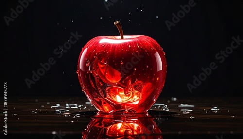 reflection of red apple, light in clear red apple on black background