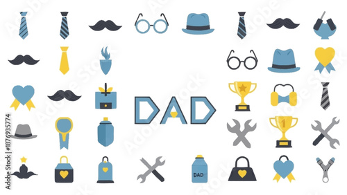 Colorful and symbols related to fatherhood with the word dad in the center blue yellow