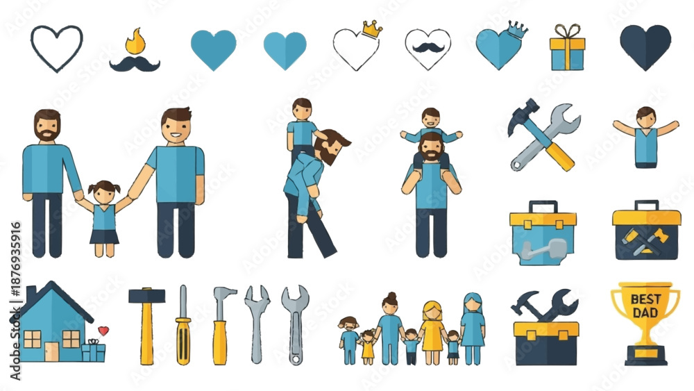 Fototapeta premium Colorful of a father with children and tools family hammer