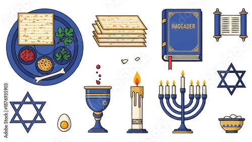 Blue and gold Passover Seder with matzah, Haggadah, and menorah