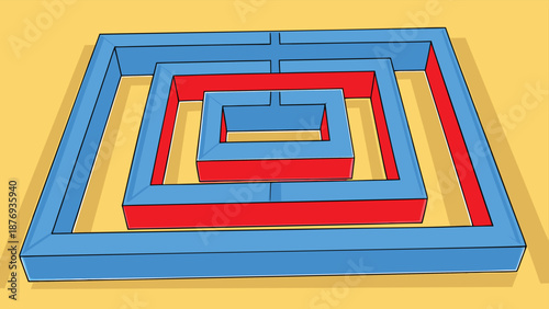 Three Dimensional Square Maze with Blue Walls and Red Interior labyrinth
