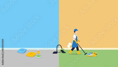 Woman Cleaning Floor with Vacuum Cleaner.