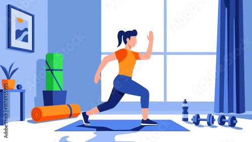 Woman Exercising at Home with Fitness Equipment.