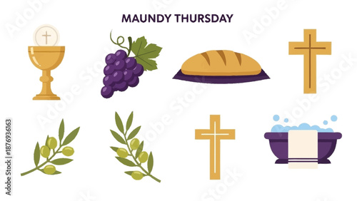 Maundy Thursday religious symbols with grapes bread olive branches and crosses Christian
