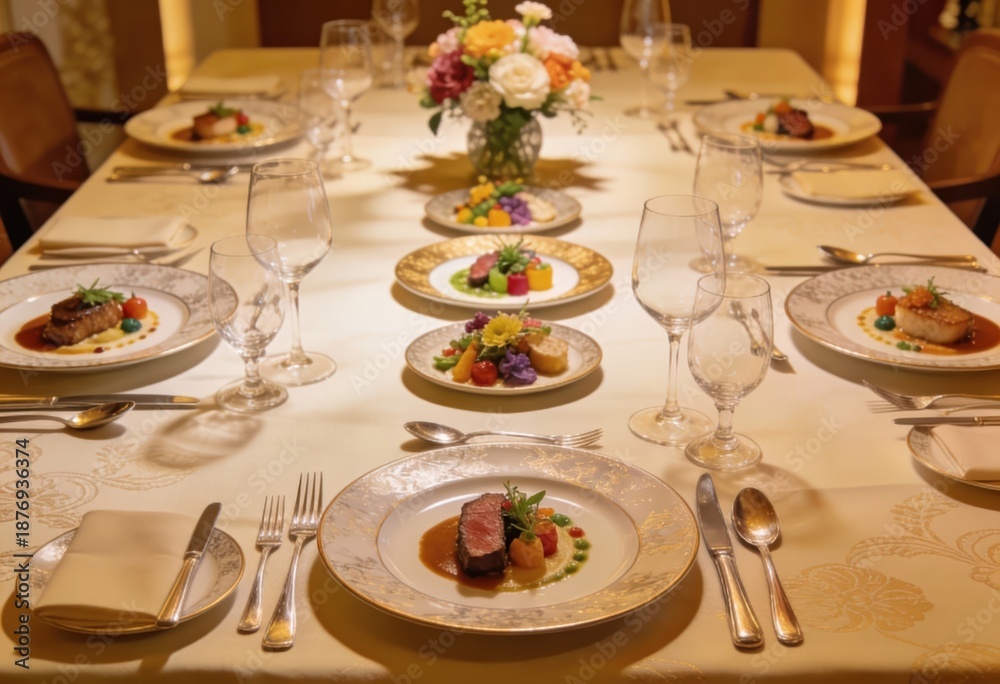 Fototapeta premium Elegant Fine Dining Table Setup with Gourmet Plates and Flowers