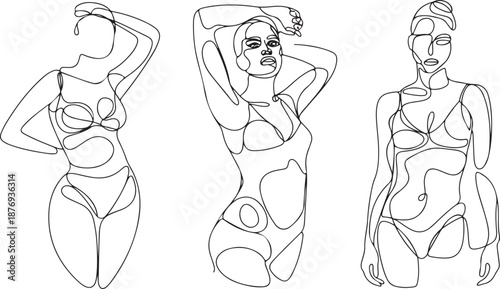 An expressive series of line art illustrations focusing on the outline of a woman's body