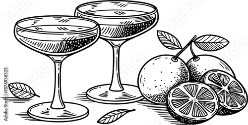 Hand-drawn illustration of two refreshing cocktails with fresh oranges and mint leaves, perfect for a summer menu or advertisement