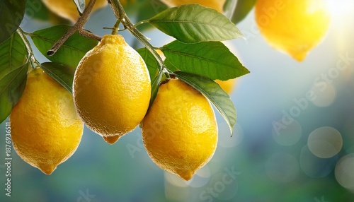 ripe yellow lemons hanging from a tree branch