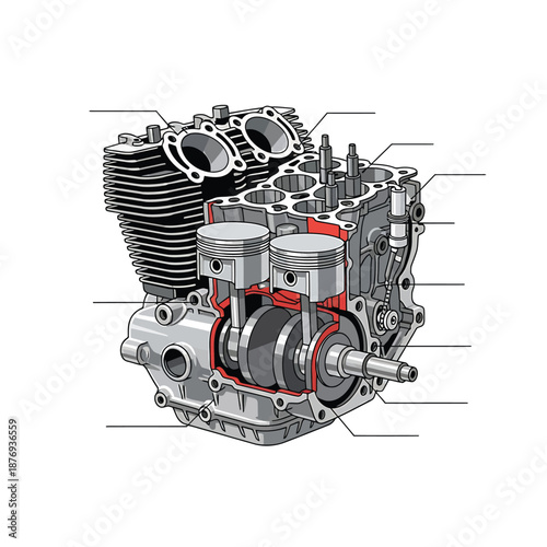 Detailed technical illustration of a four-cylinder internal combustion engine, showcasing a precise cutaway view of its intricate internal mechanics