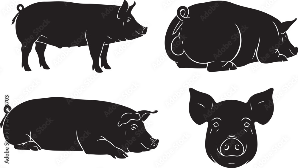 Obraz premium Four black silhouette pig illustrations vector illustration