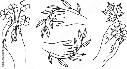 An expressive collection of line drawings focusing on hands and plant life. The artwork utilizes a bold, single-line style that highlights the forms and features of each element.