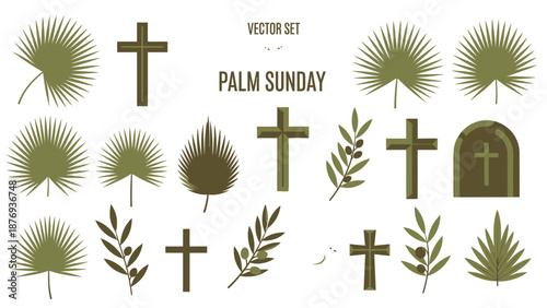 Green and brown palm fronds and crosses set for Palm Sunday