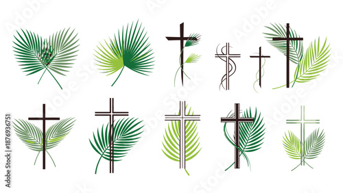 Green and brown palm fronds and crosses in various and arrangements religious symbols