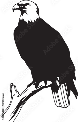 A bold, black and white silhouette illustration of a majestic bald eagle perched on a tree branch.