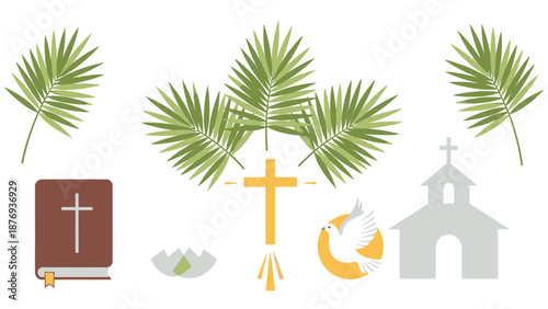 Palm branches cross church book and dove