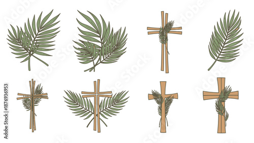 Palm fronds and crosses with greenery leaves branches