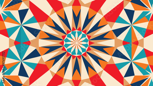 Vibrant geometric mosaic with red orange blue and teal shapes in a radial pattern vector illustration