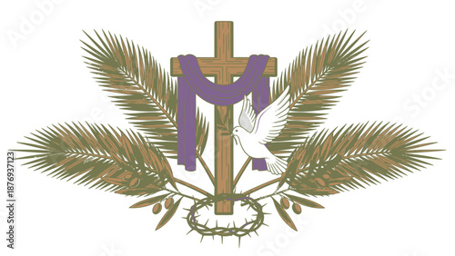 Wooden cross with purple ribbon and white dove surrounded by palm branches religious symbol