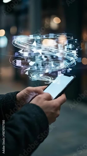 Smartphone mobile data swirl hologram glowing digital visualization overlay night city with
