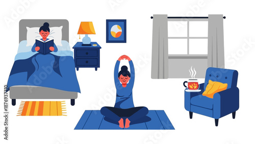 Woman Practicing Yoga in Bedroom Setting.