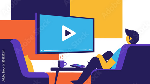 Woman Relaxing Watching Video on Television.